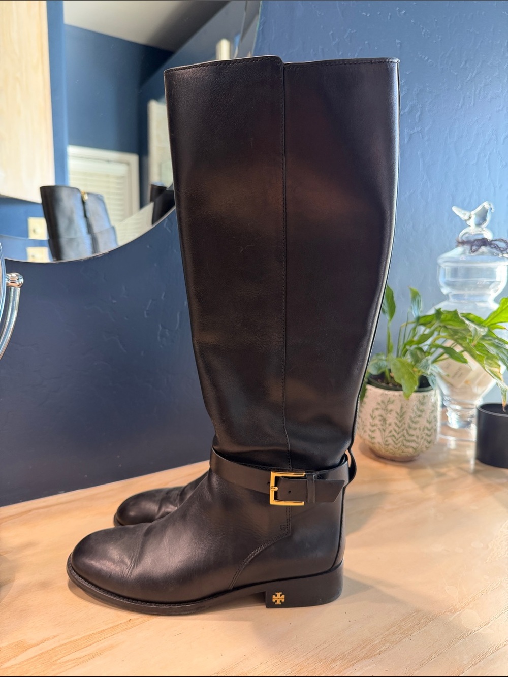 Tory Burch Black Leather Knee-High Boots with Gold Buckle